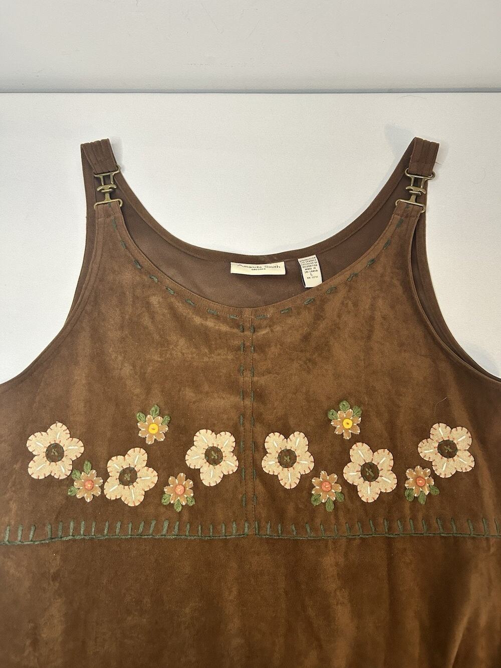 Amanda Smith Womens L Brown Faux Suede Floral Western Boho Midi Dress 90s